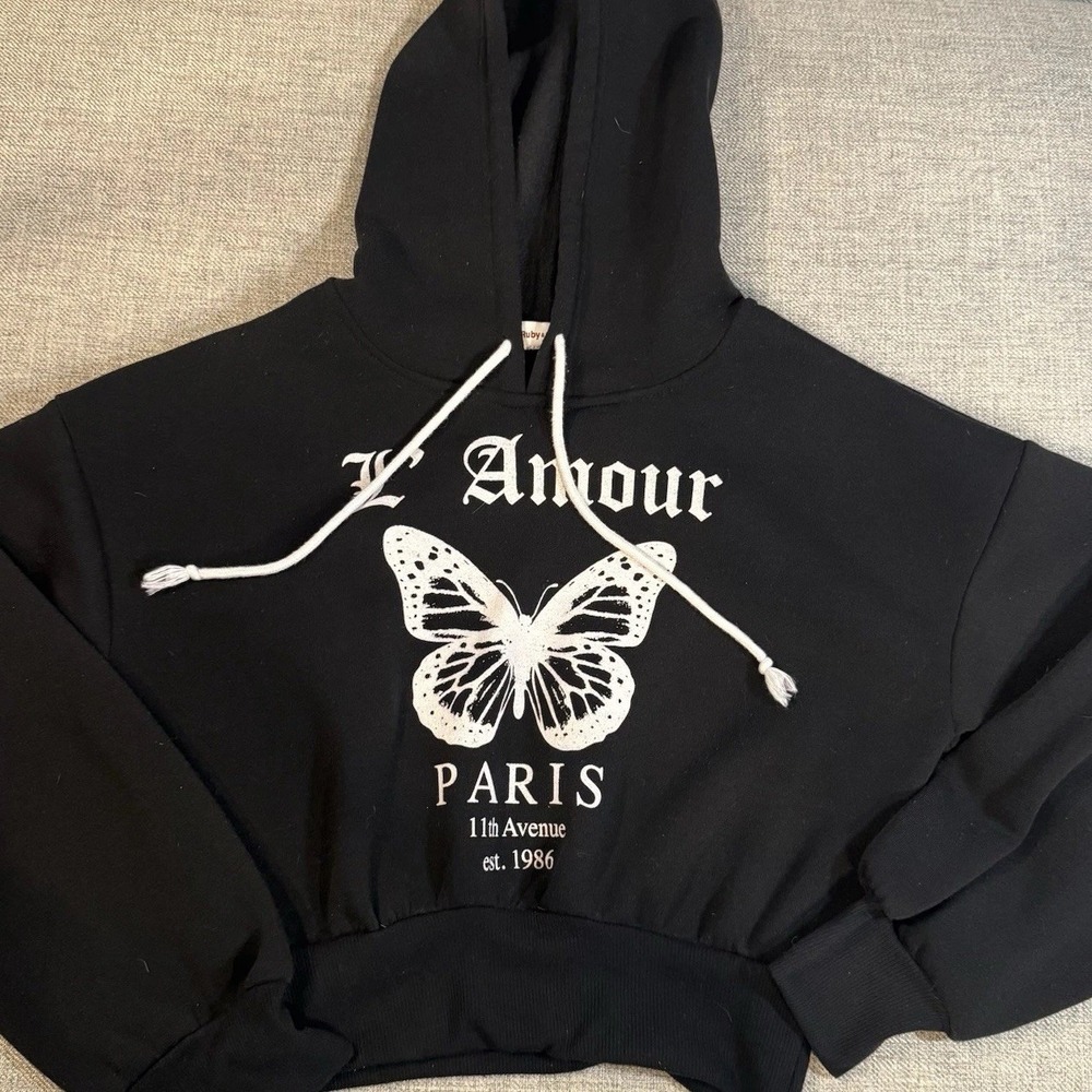 Black Cropped Hoodie Butterfly‎ Graphic Paris L'Amour Women's Small